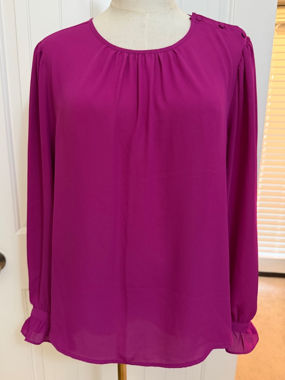 J. Crew Magenta Ruffle Cuff Long-Sleeve Blouse Sz XL